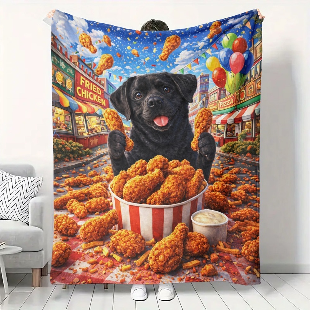 Playful Black Dog Fried Chicken Print Throw Blanket 50x60